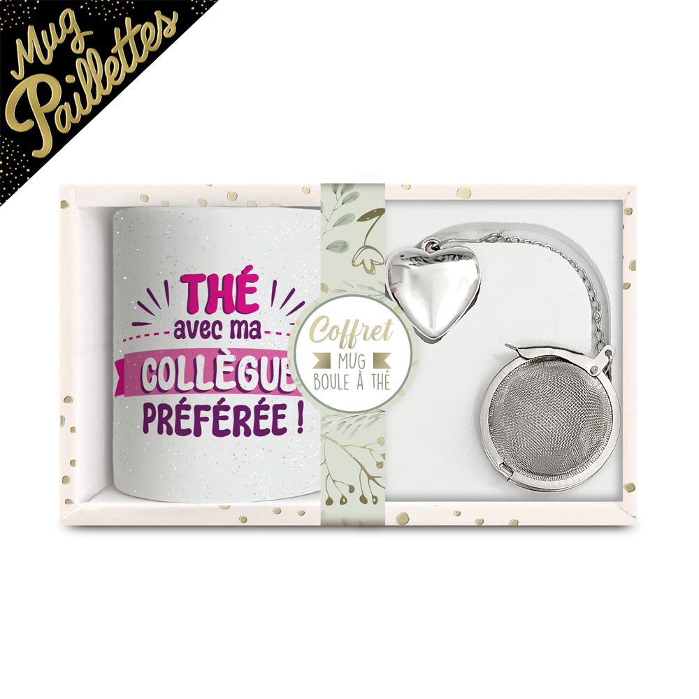 Coffret mug boule a the "collegue" a paillettes