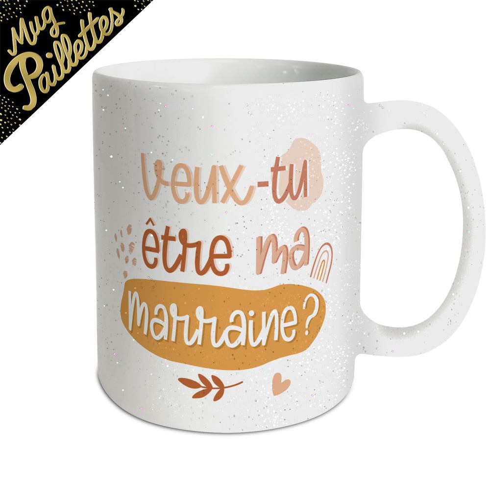 Mug a paillettes "veux-tu etre ma marraine"
