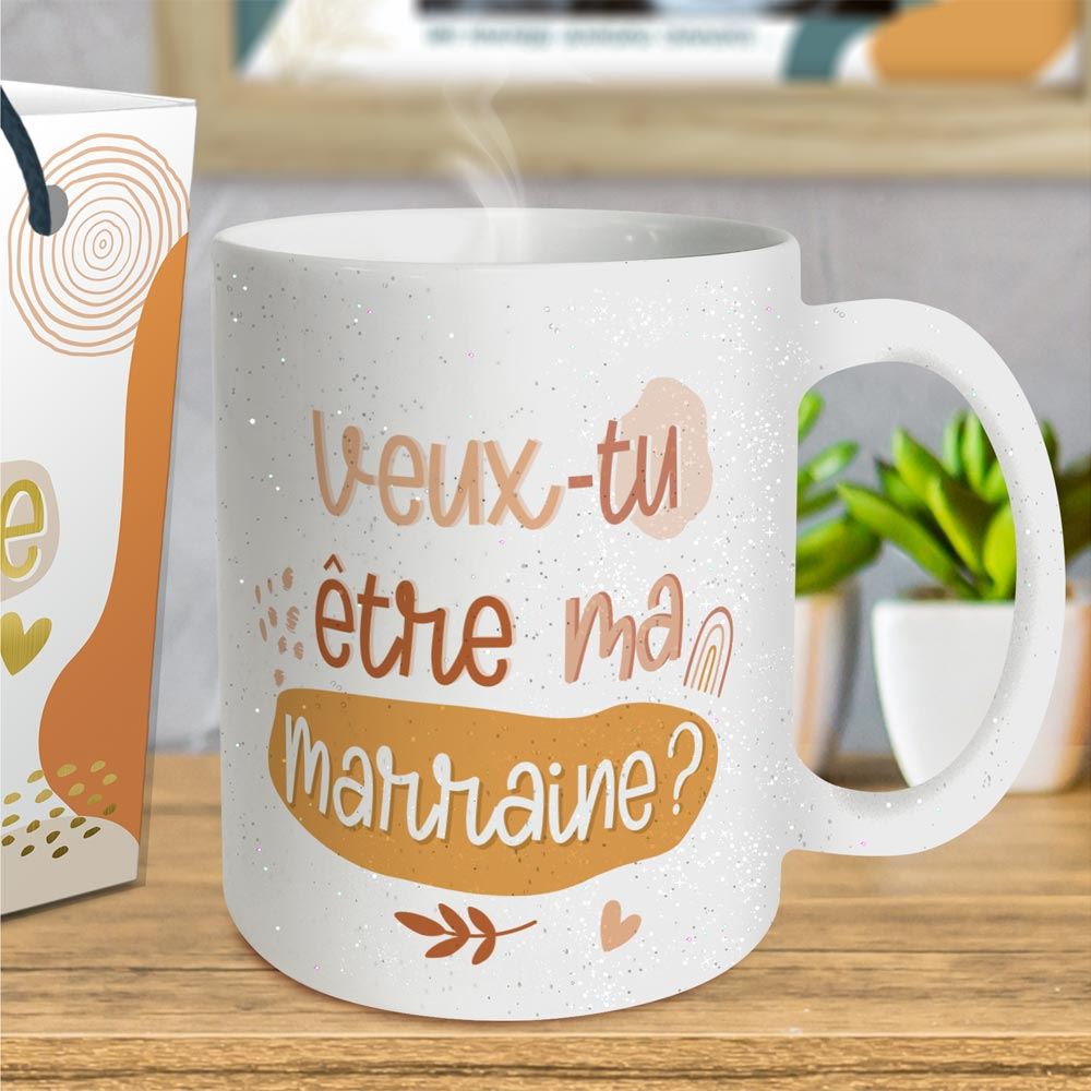Mug a paillettes "veux-tu etre ma marraine"
