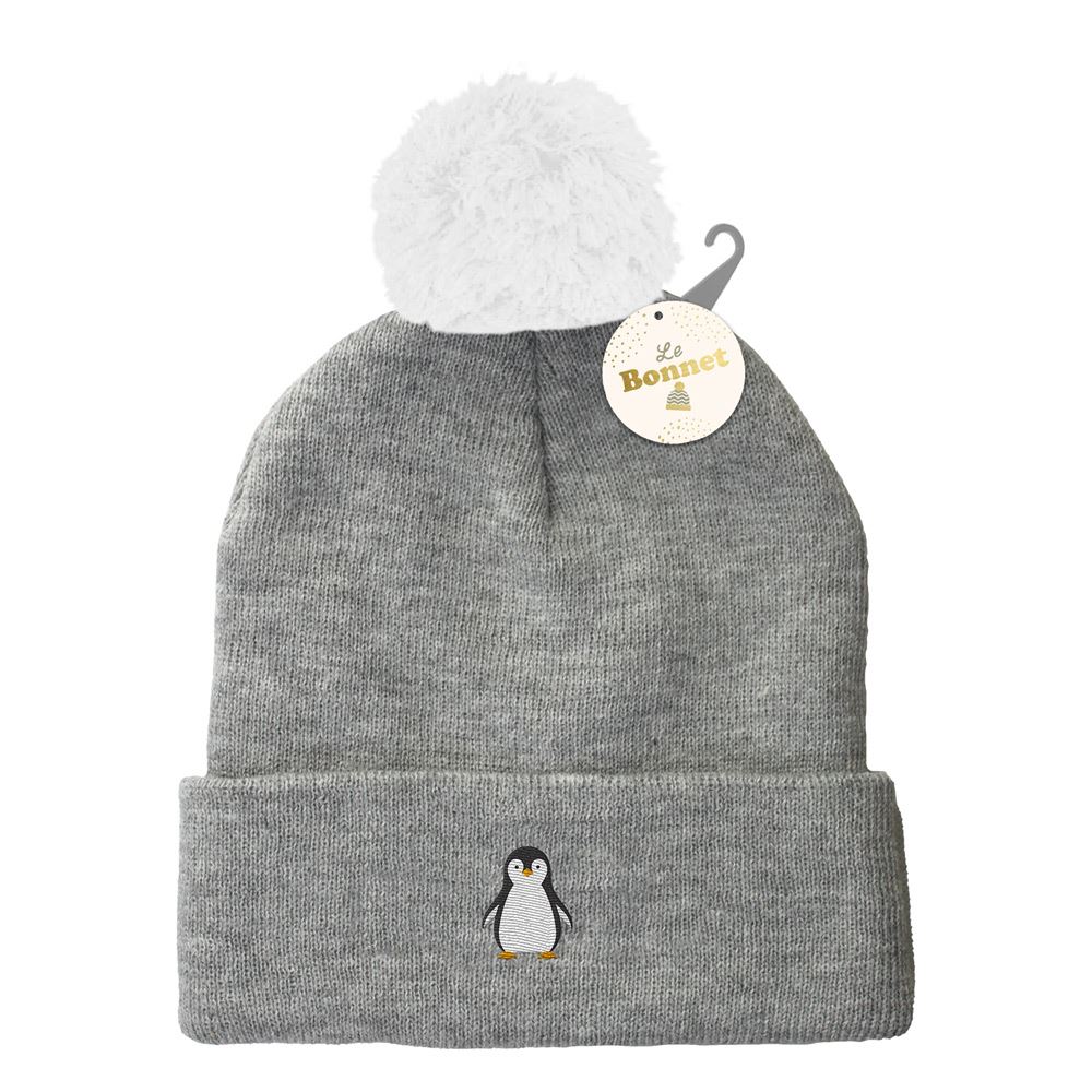 Bonnet pompon brode pingouin