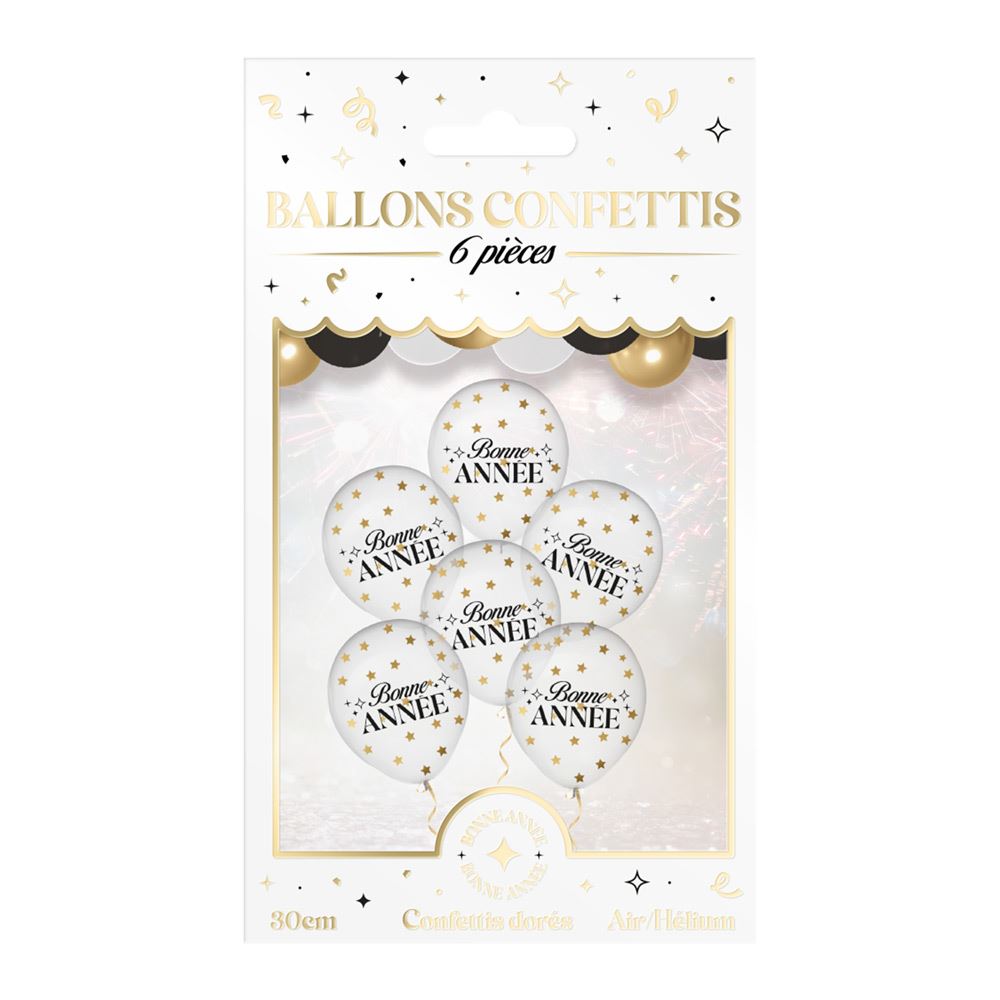 Sachet 6 ballons confettis bonne annee