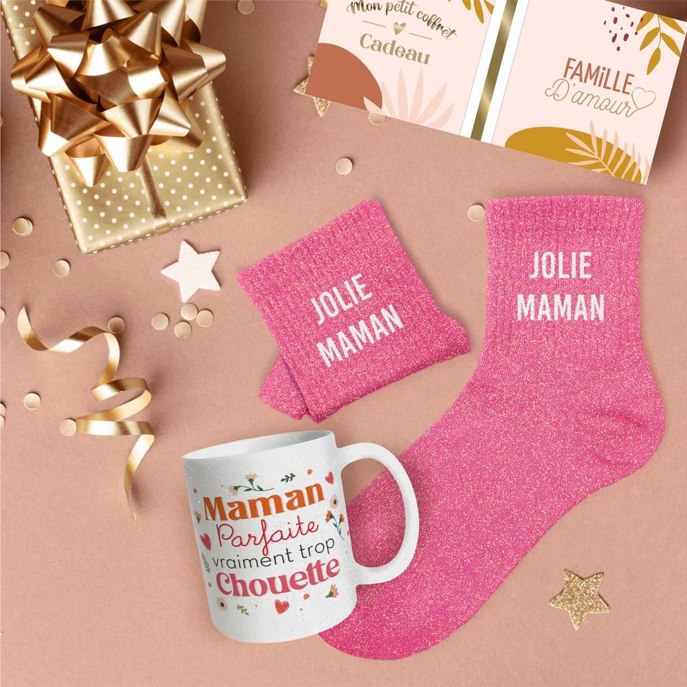 Coffret mug chaussettes paillettes affectif jolie maman