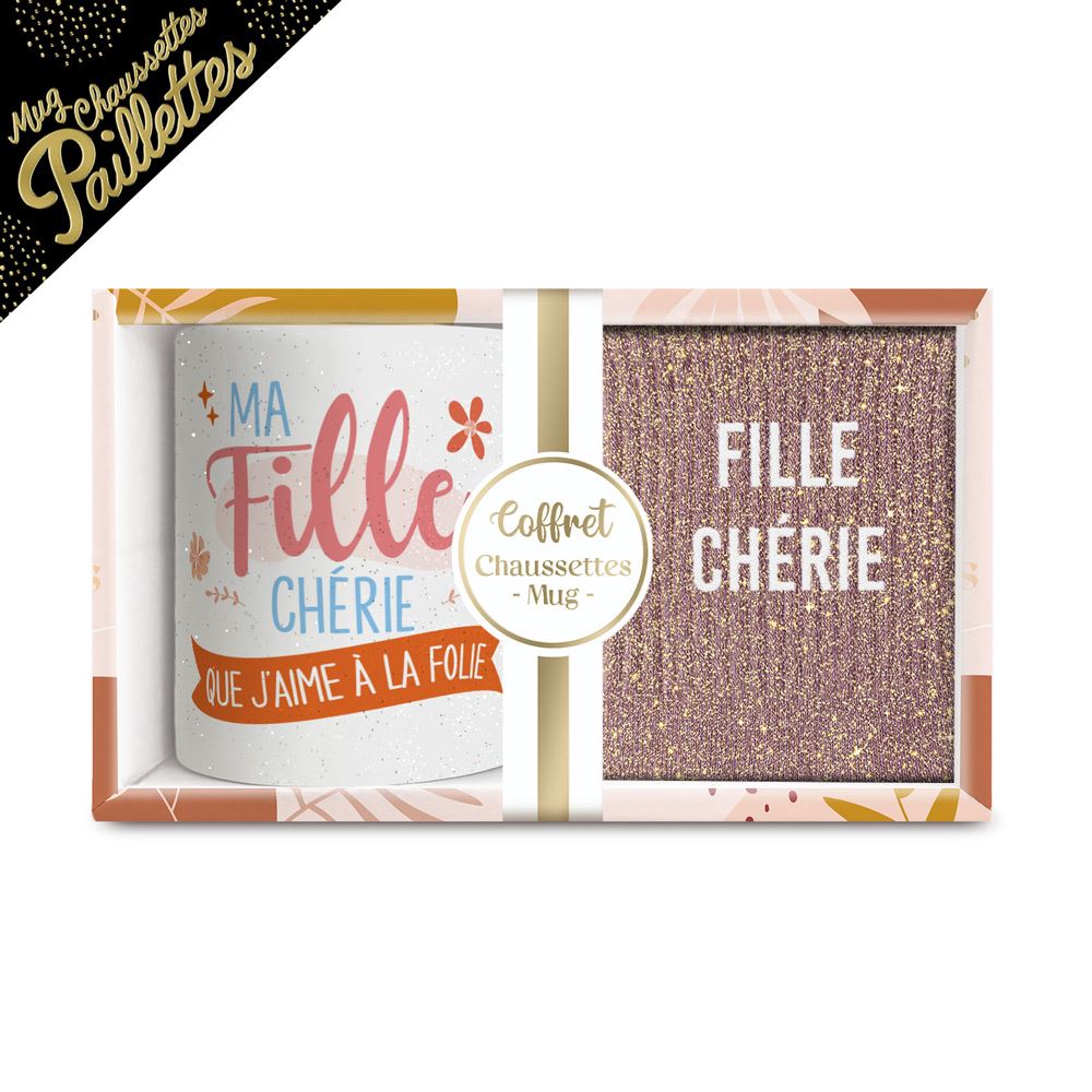Coffret mug chaussettes paillettes affectif fille cherie
