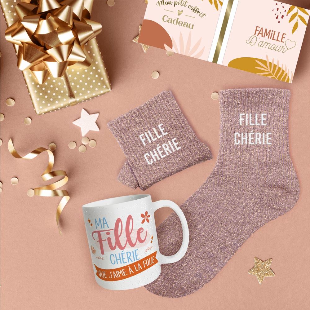 Coffret mug chaussettes paillettes affectif fille cherie
