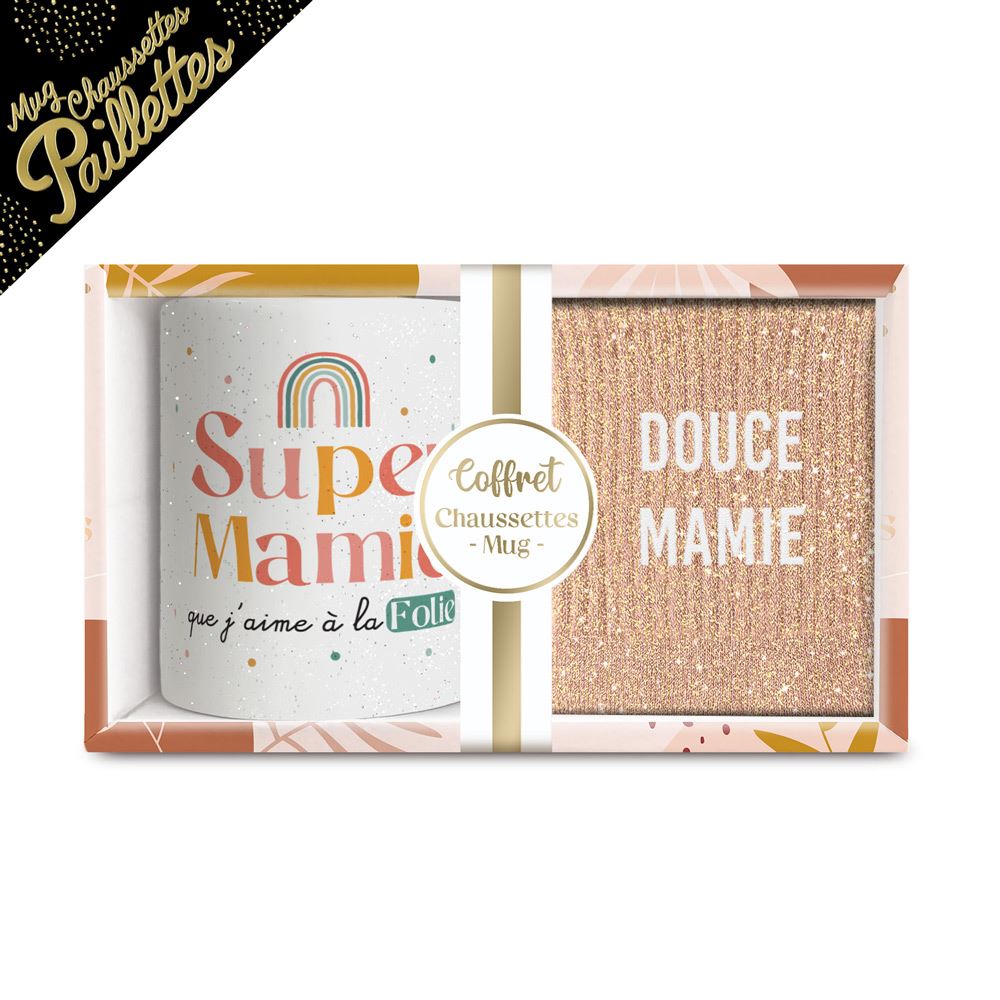 Coffret mug chaussettes paillettes affectif douce mamie