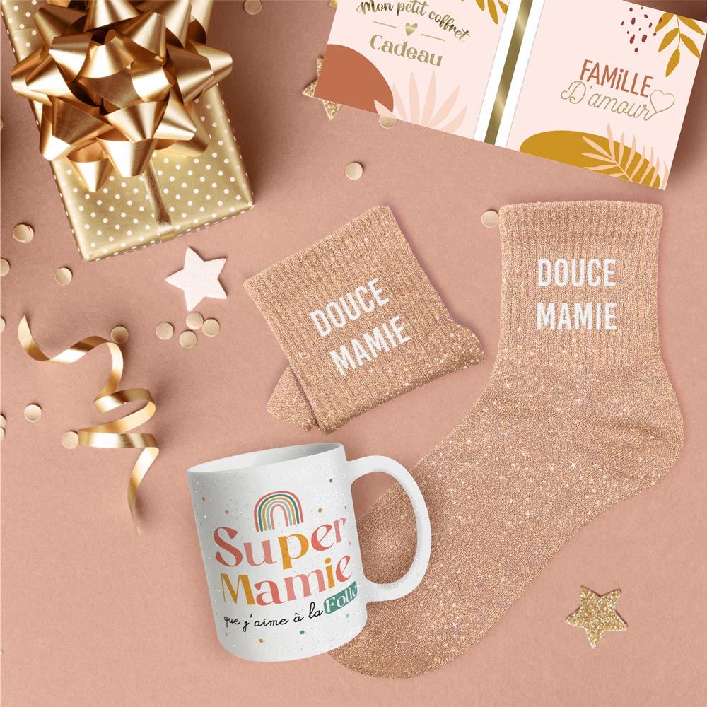 Coffret mug chaussettes paillettes affectif douce mamie
