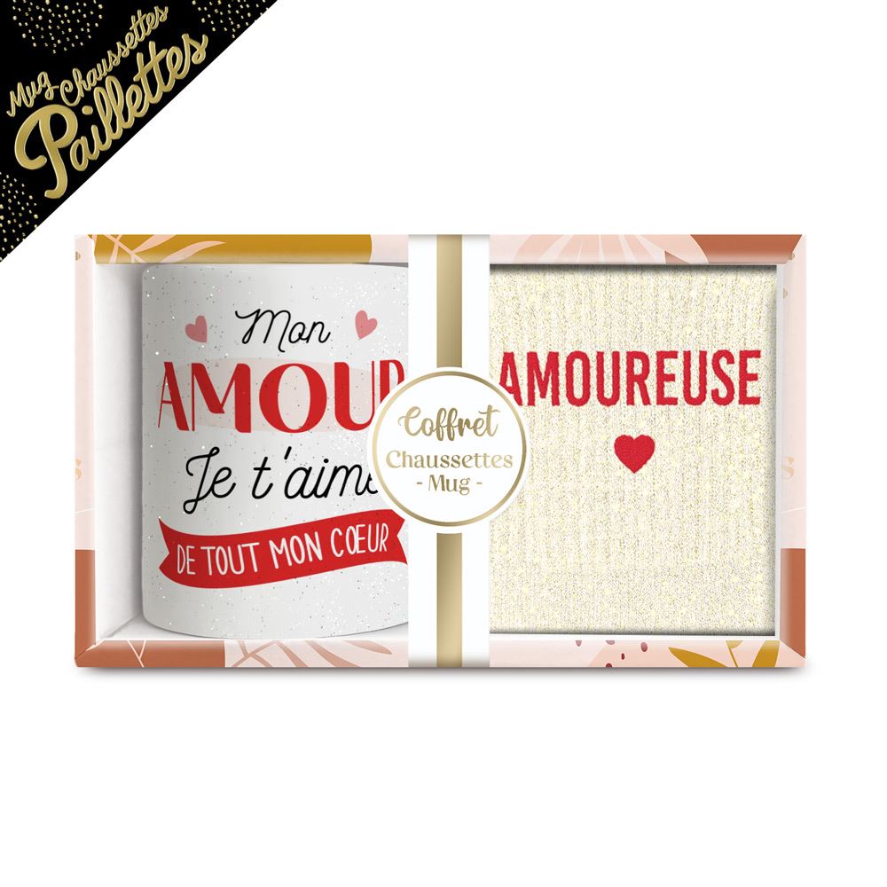 Coffret mug chaussettes paillettes affectif amoureuse