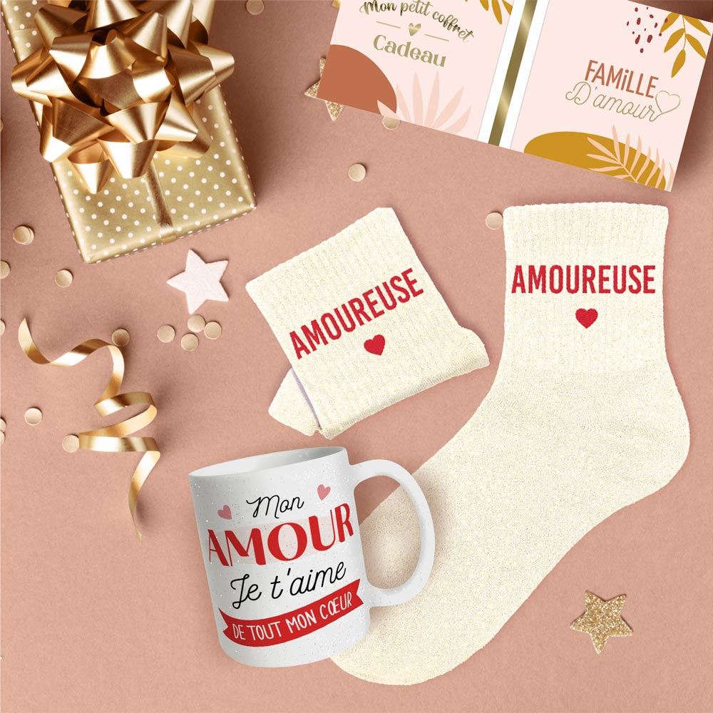 Coffret mug chaussettes paillettes affectif amoureuse