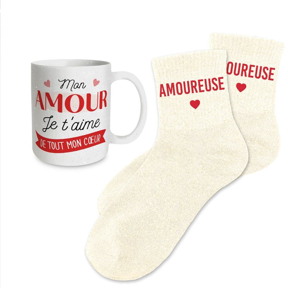 Coffret mug chaussettes paillettes affectif amoureuse