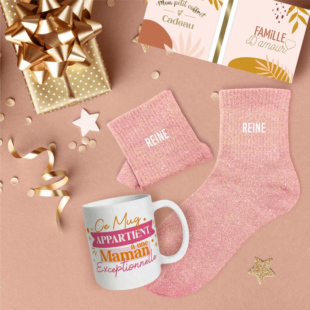 Coffret mug chaussettes paillettes affectif reine
