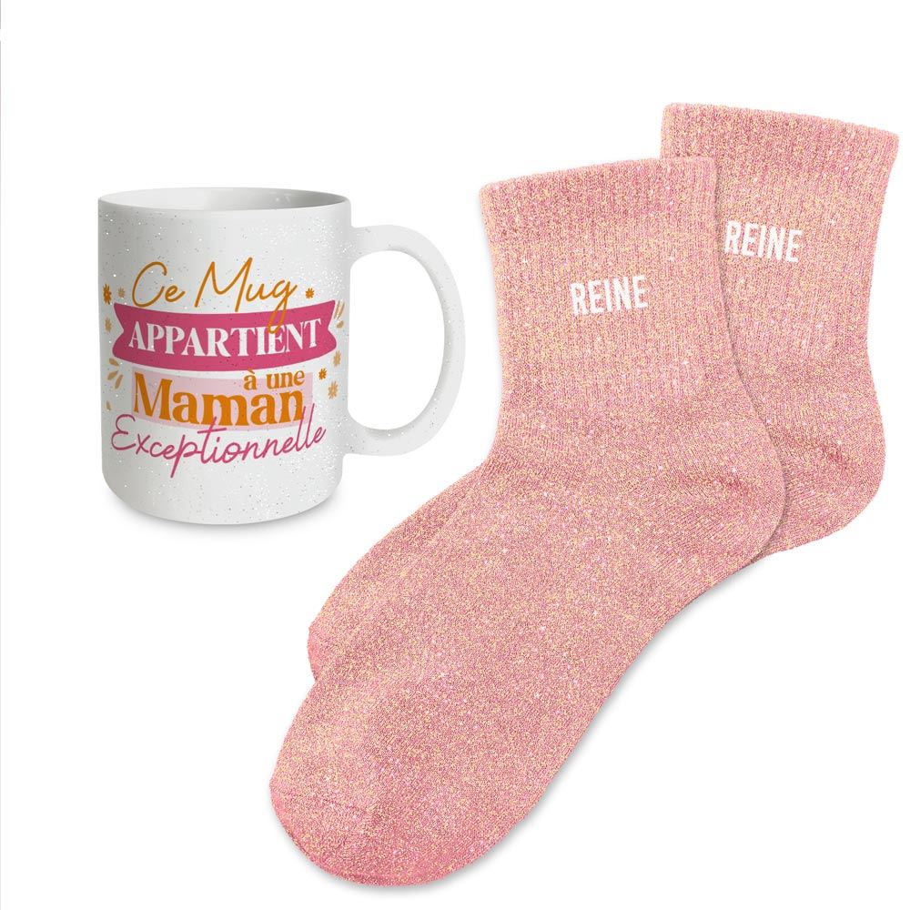 Coffret mug chaussettes paillettes affectif reine
