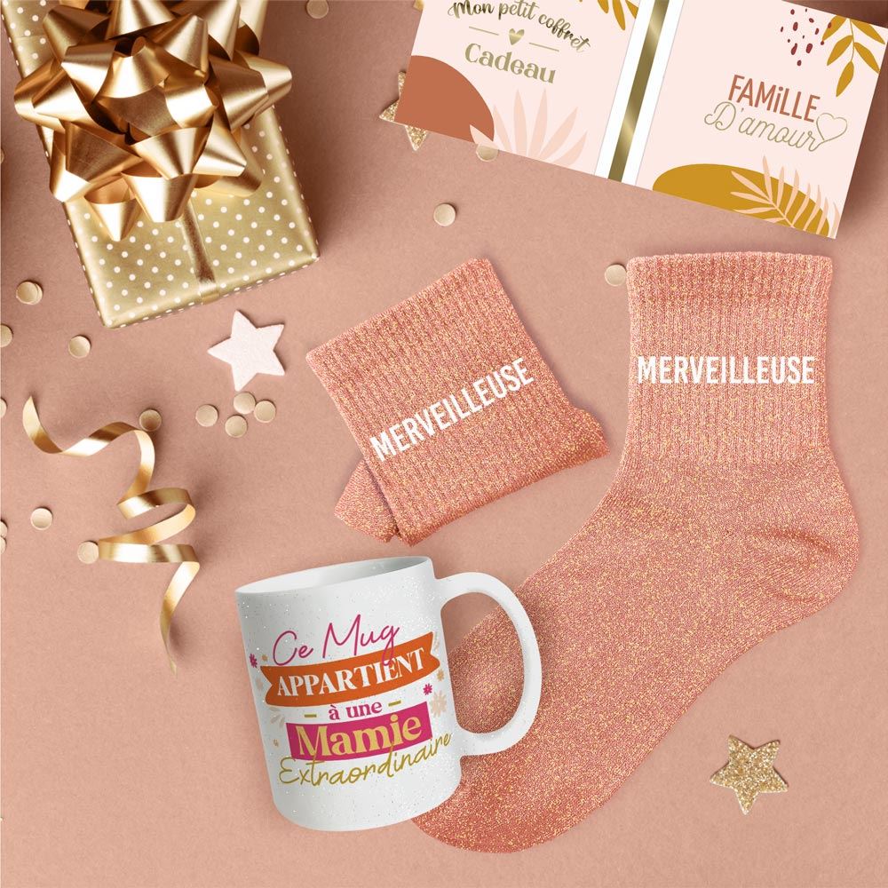 Coffret mug chaussettes paillettes affectif merveilleuse
