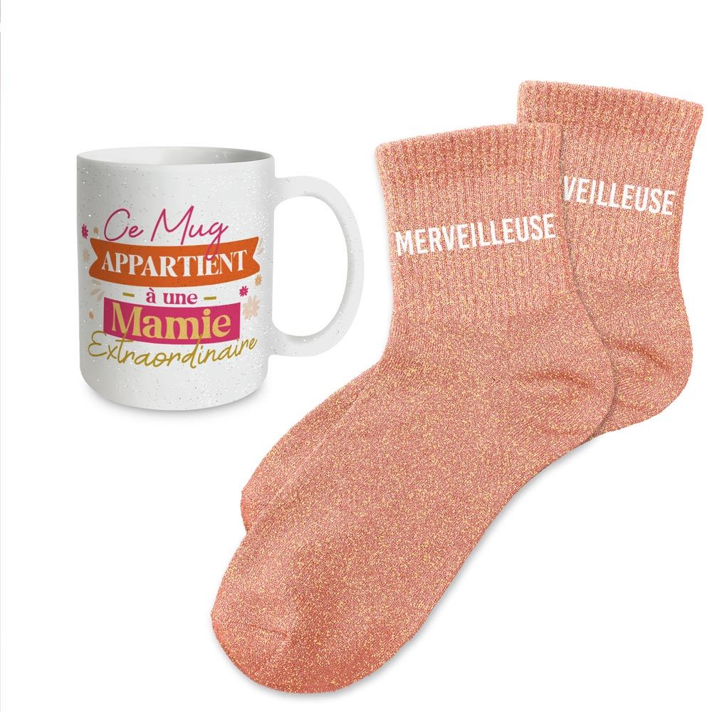 Coffret mug chaussettes paillettes affectif merveilleuse
