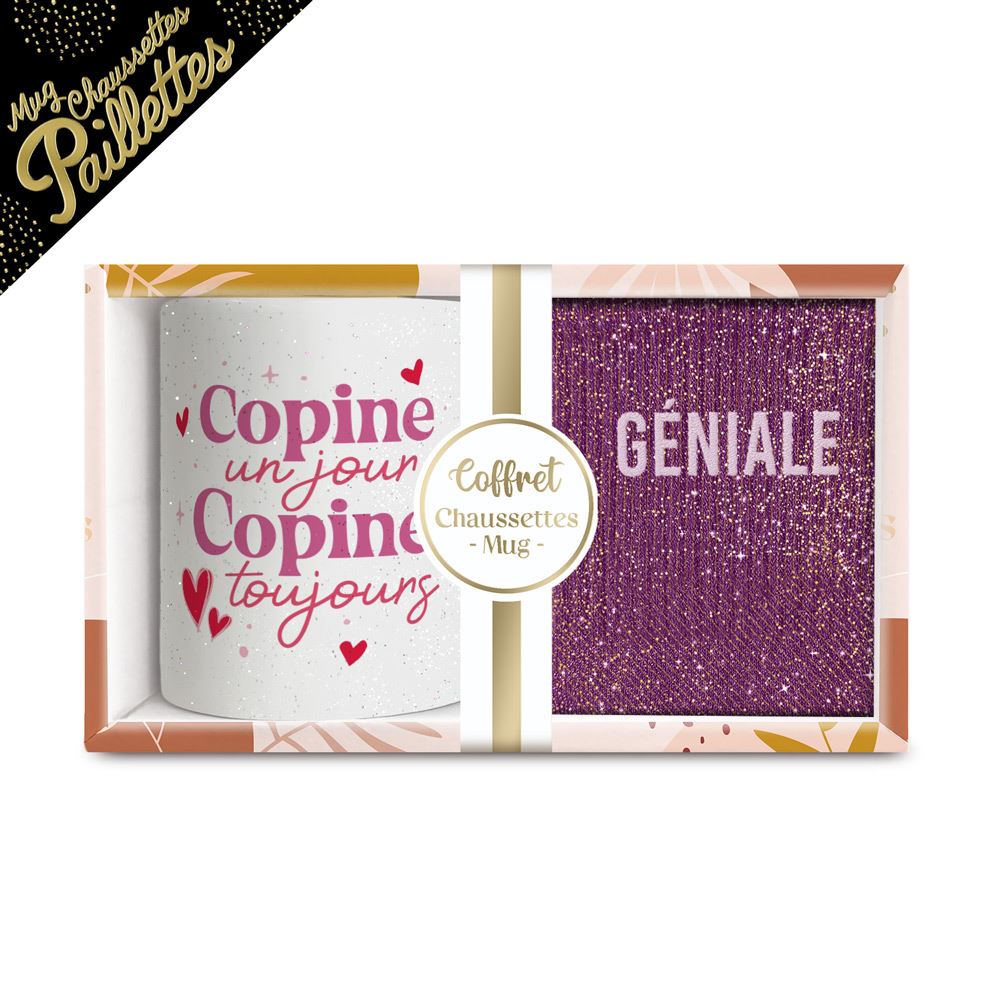 Coffret mug chaussettes paillettes affectif geniale
