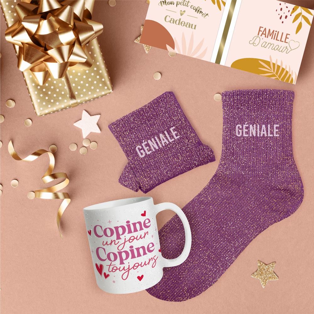 Coffret mug chaussettes paillettes affectif geniale
