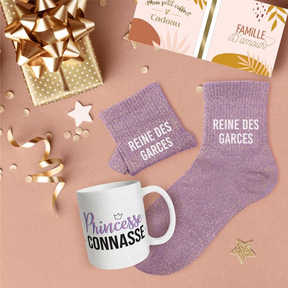 Coffret mug chaussettes paillettes affectif reine des garces
