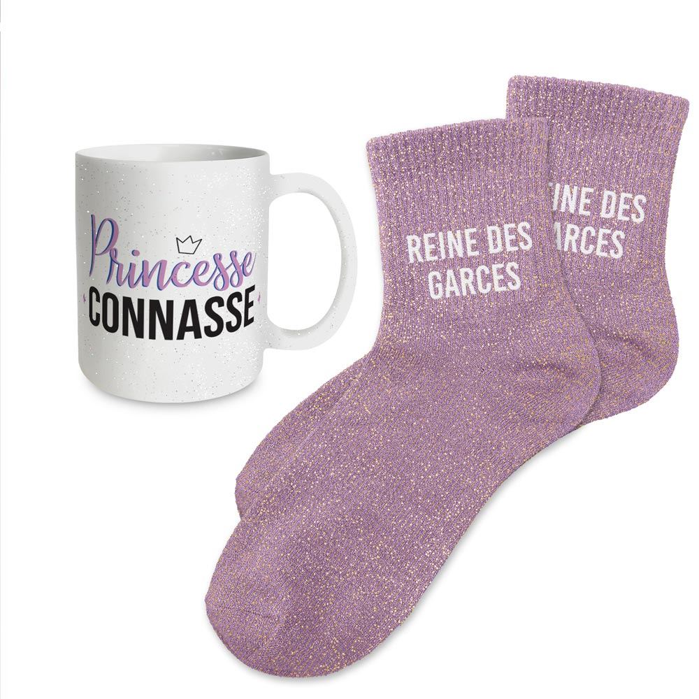 Coffret mug chaussettes paillettes affectif reine des garces
