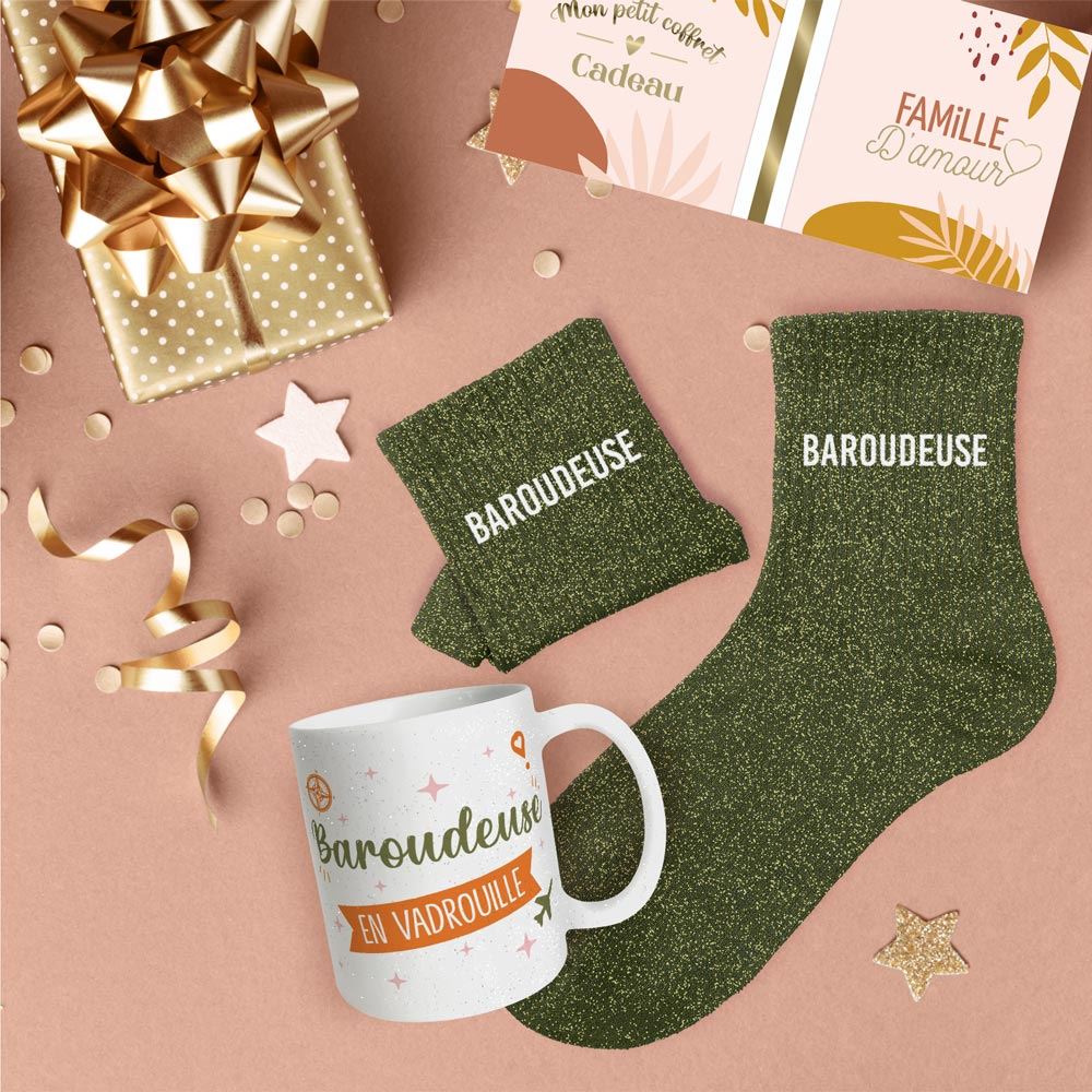 Coffret mug chaussettes paillettes baroudeuse
