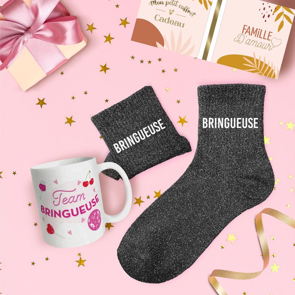 Coffret mug chaussettes paillettes bringueuse
