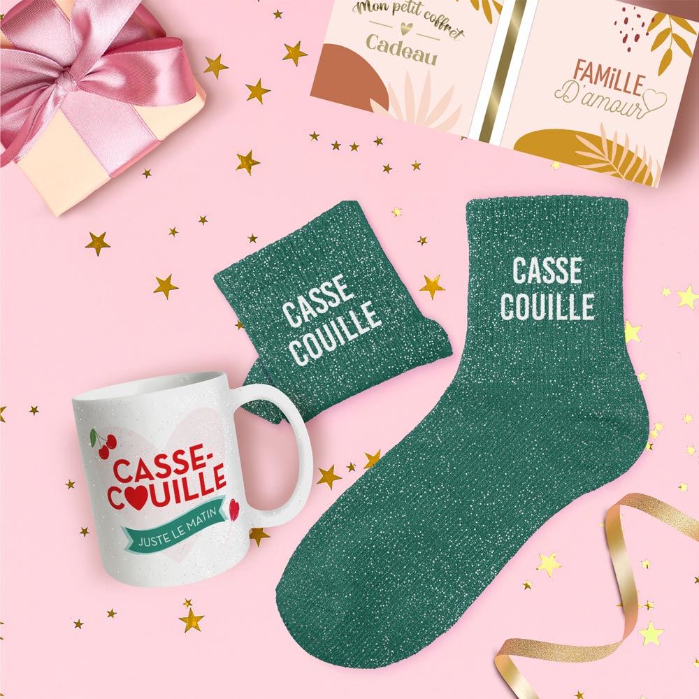 Coffret mug chaussettes paillettes casse couille
