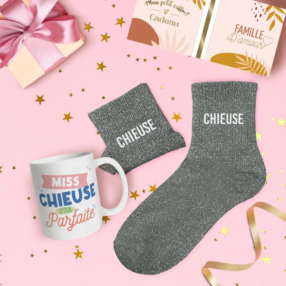 Coffret mug chaussettes paillettes chieuse
