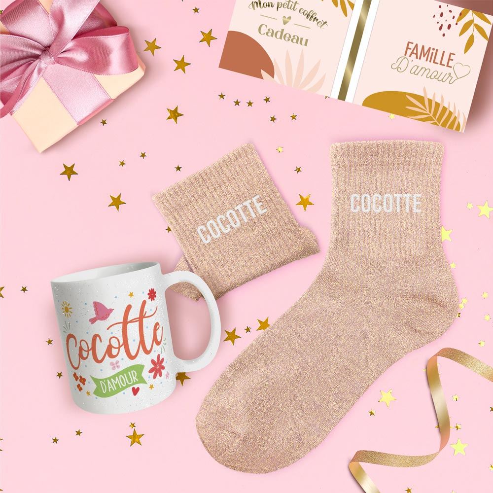 Coffret mug chaussettes paillettes cocotte
