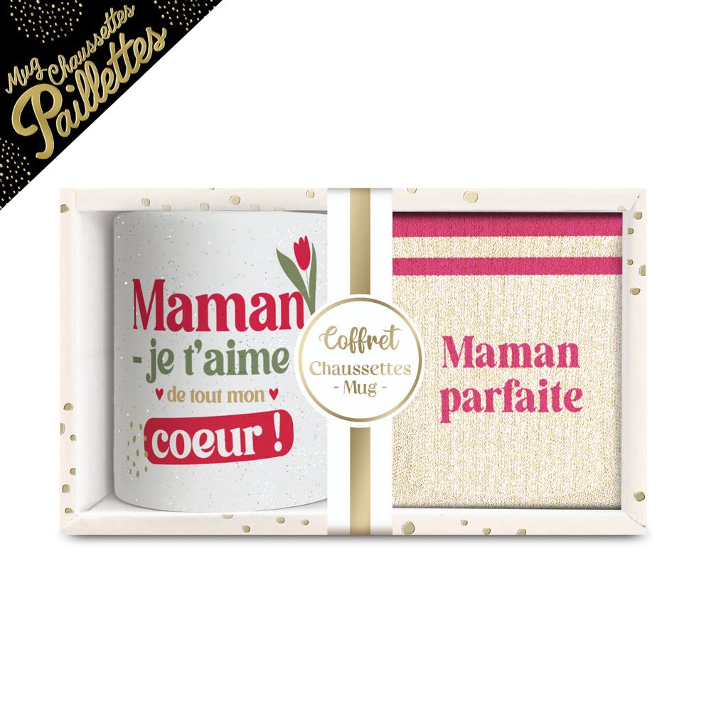 Coffret mug chaussettes paillettes affectif maman parfaite