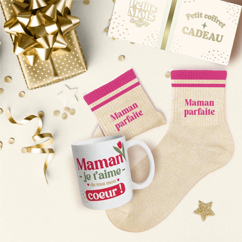 Coffret mug chaussettes paillettes affectif maman parfaite