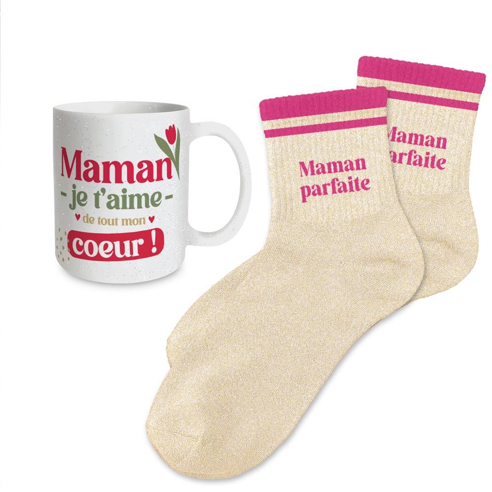 Coffret mug chaussettes paillettes affectif maman parfaite