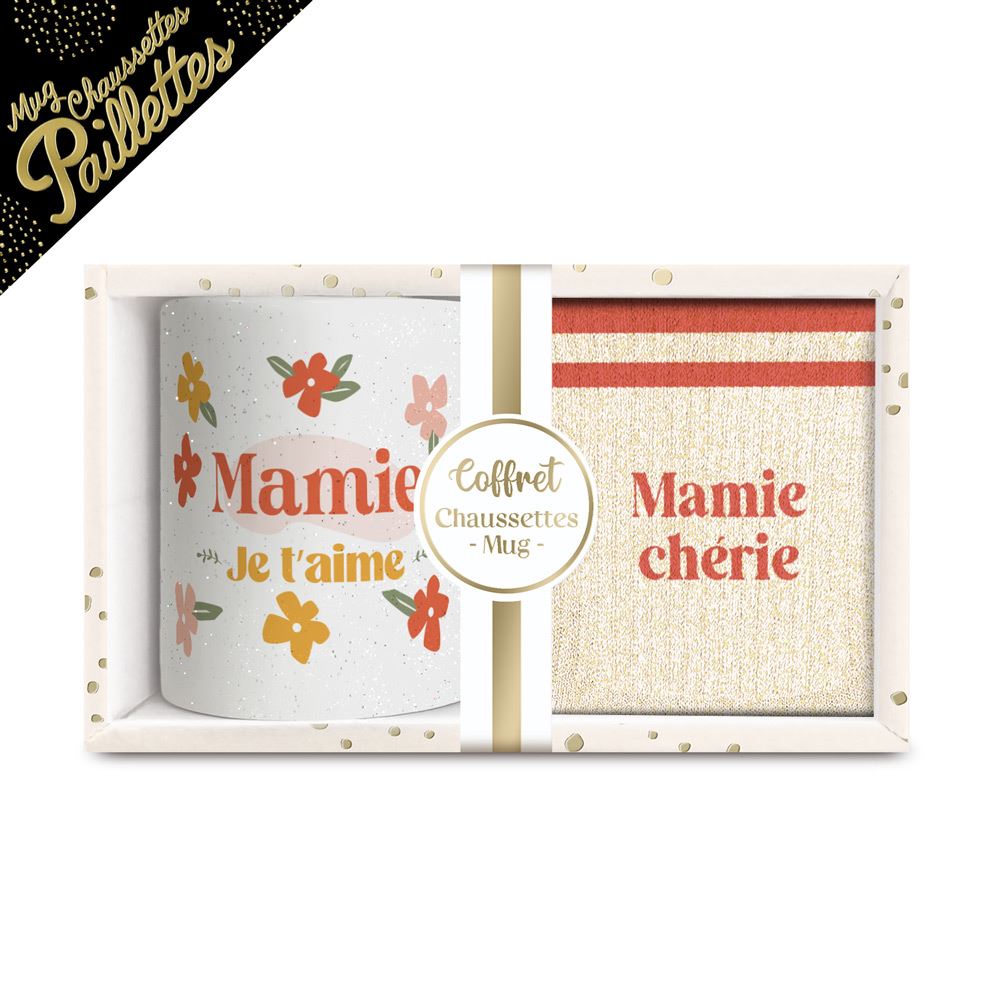 Coffret mug chaussettes paillettes affectif mamie cherie