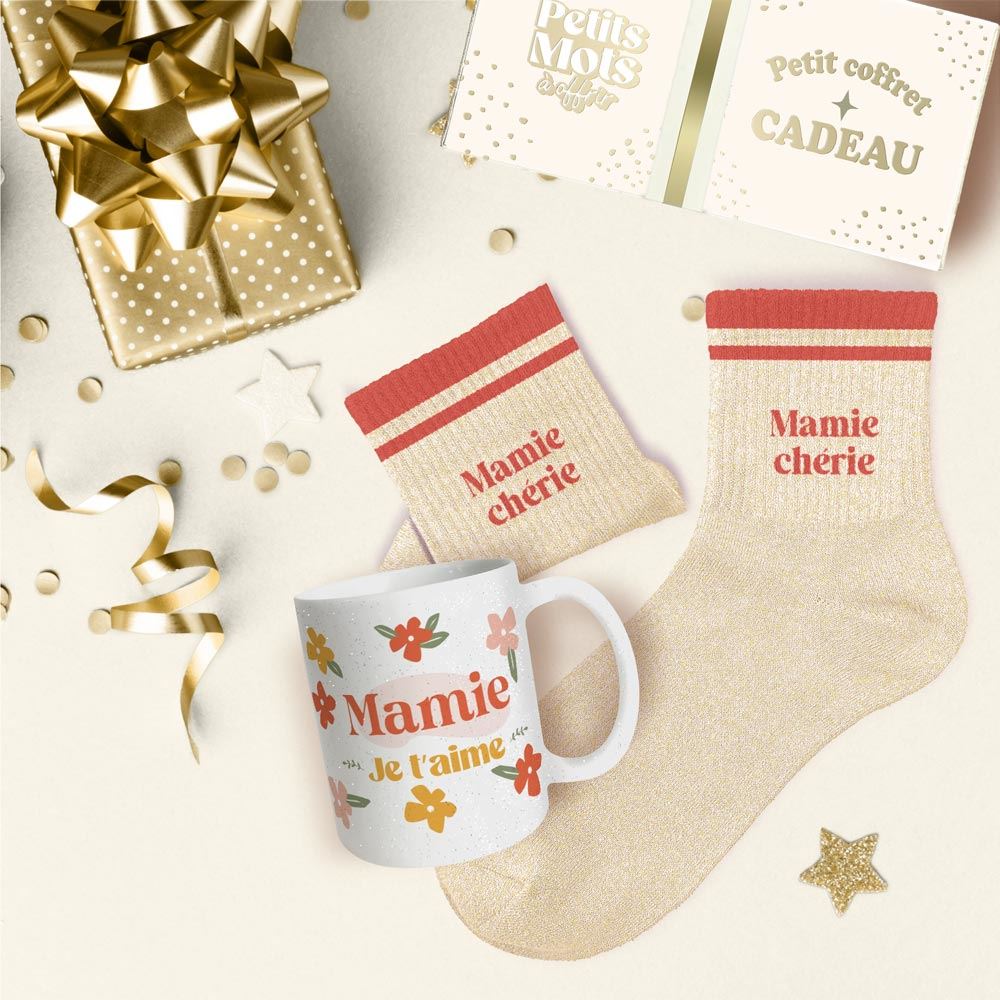 Coffret mug chaussettes paillettes affectif mamie cherie