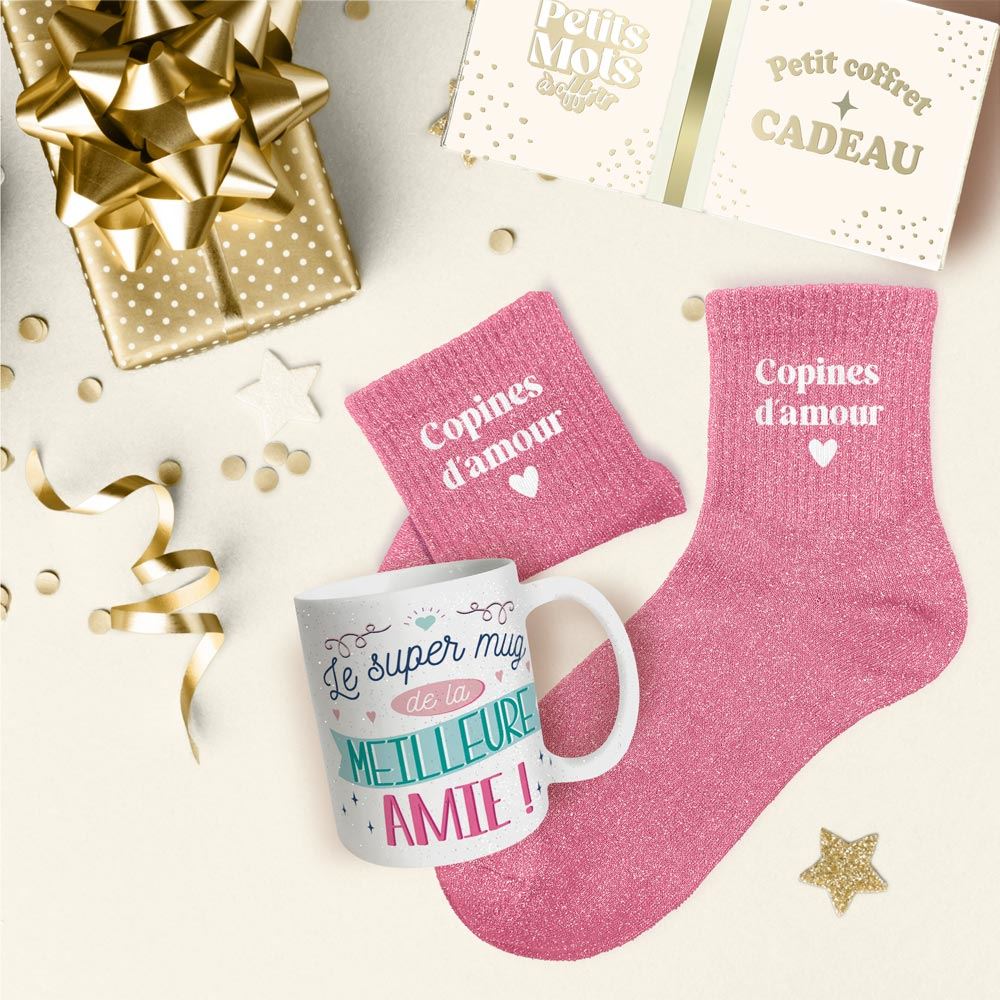 Coffret mug chaussettes paillettes affectif copine d amour