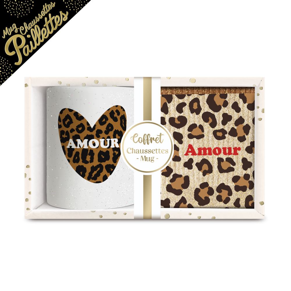 Coffret mug chaussettes paillettes affectif amour leopard