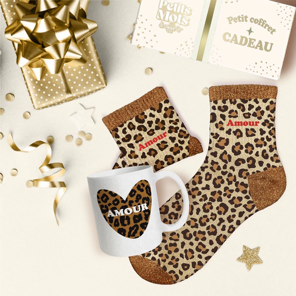 Coffret mug chaussettes paillettes affectif amour leopard