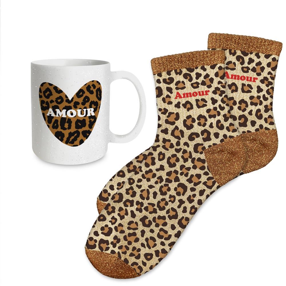 Coffret mug chaussettes paillettes affectif amour leopard