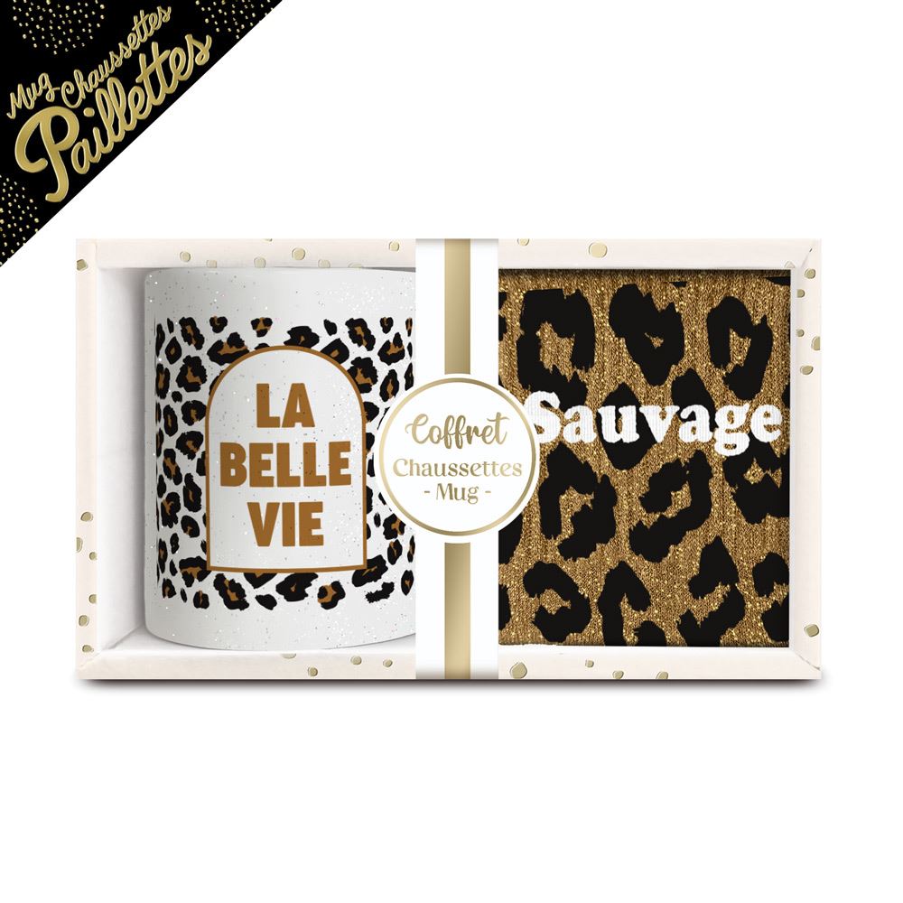 Coffret mug chaussettes paillettes affectif sauvage leopard