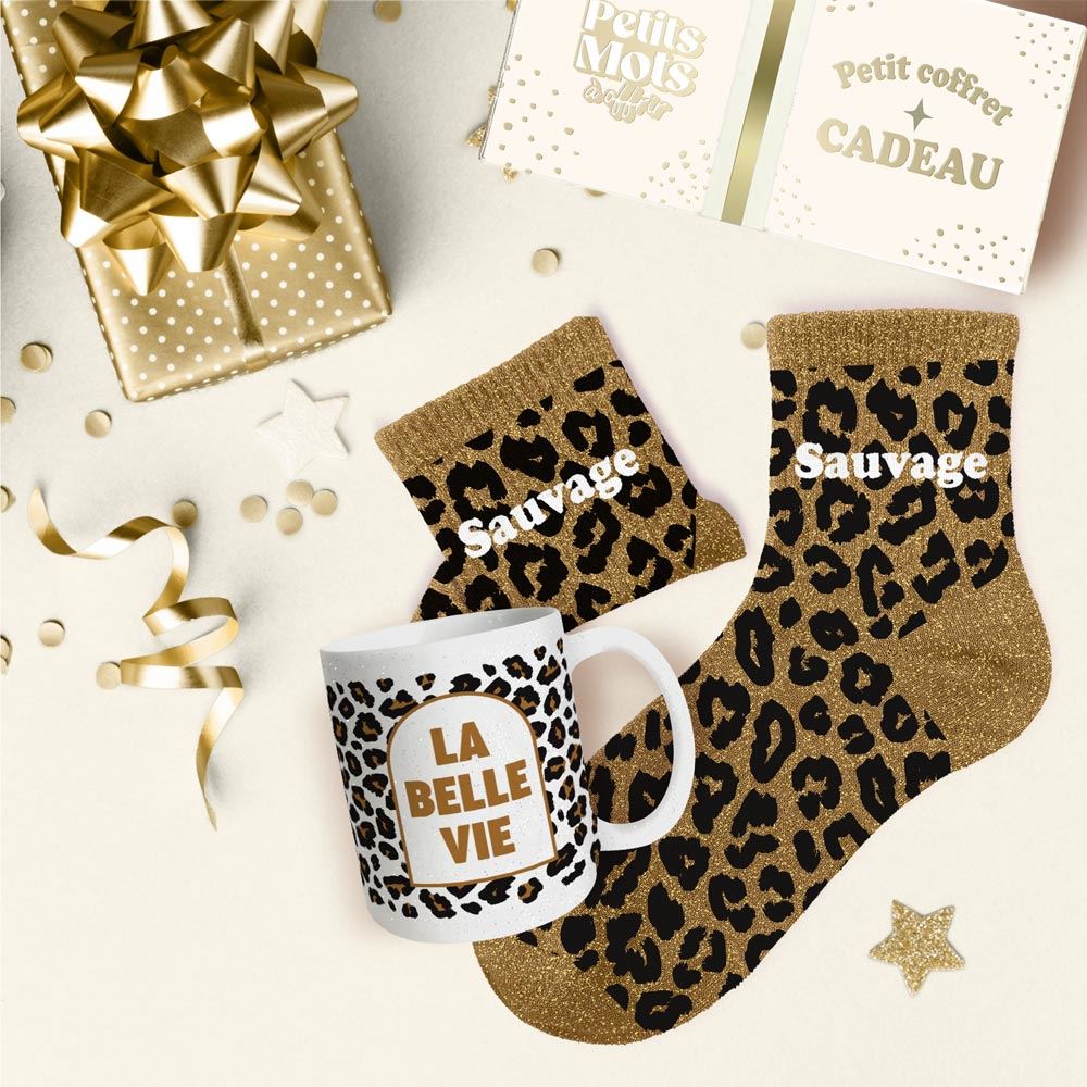 Coffret mug chaussettes paillettes affectif sauvage leopard