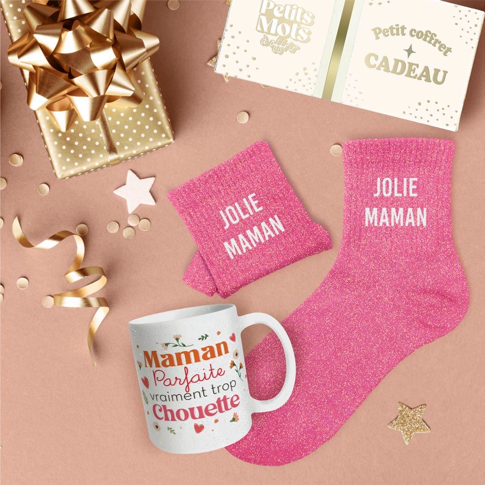 Coffret mug chaussettes paillettes affectif jolie maman