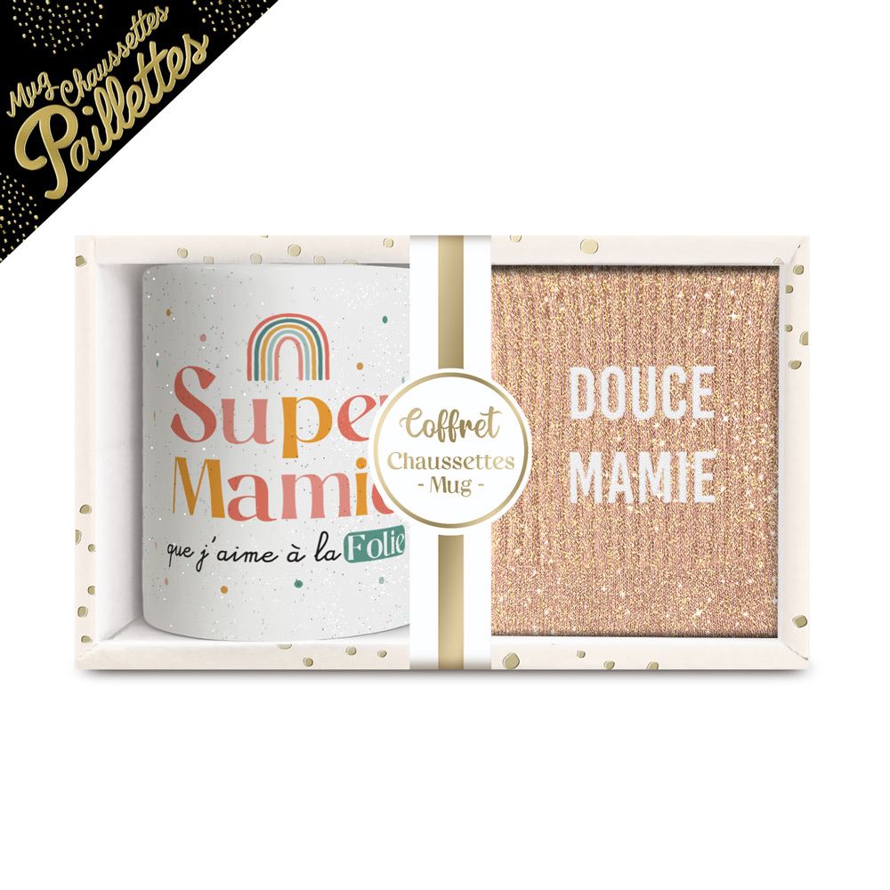 Coffret mug chaussettes paillettes affectif douce mamie