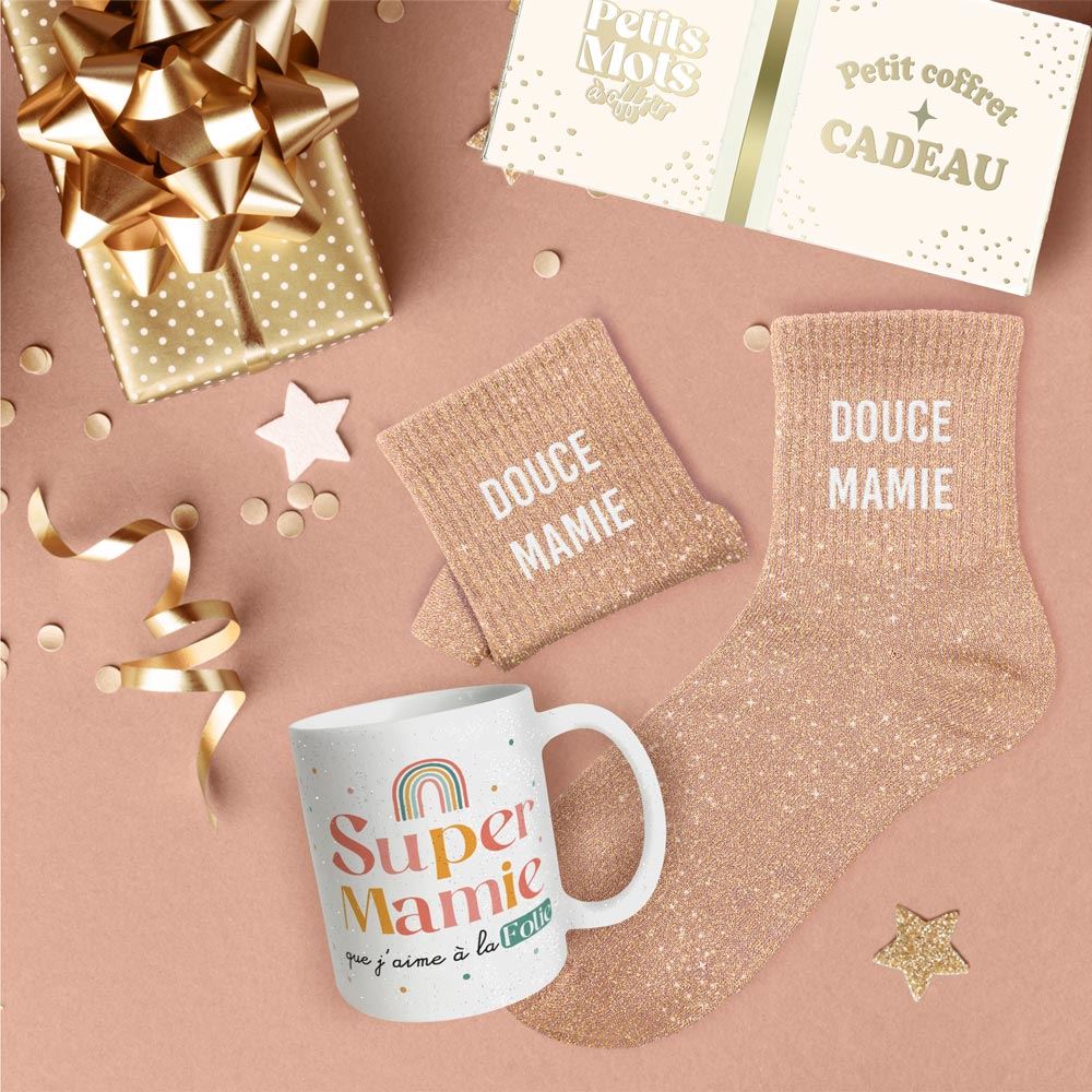 Coffret mug chaussettes paillettes affectif douce mamie