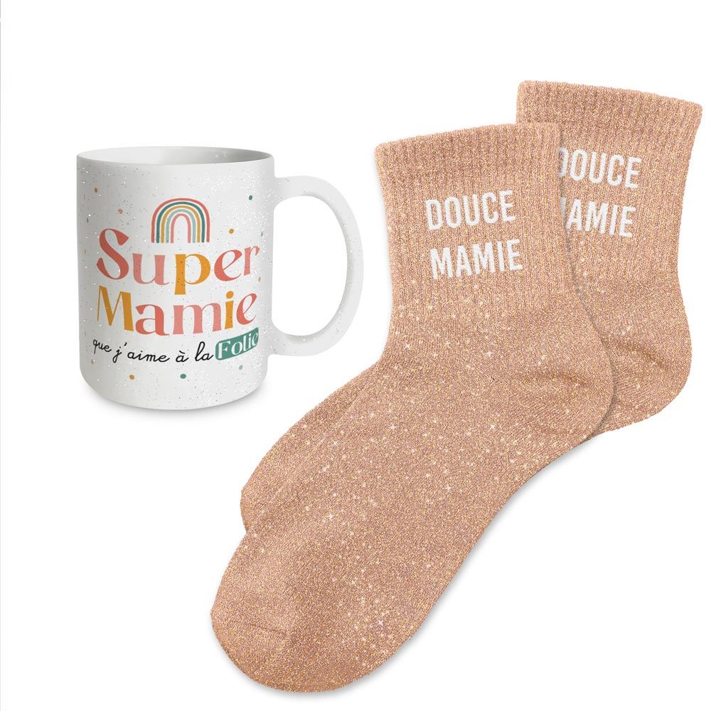 Coffret mug chaussettes paillettes affectif douce mamie