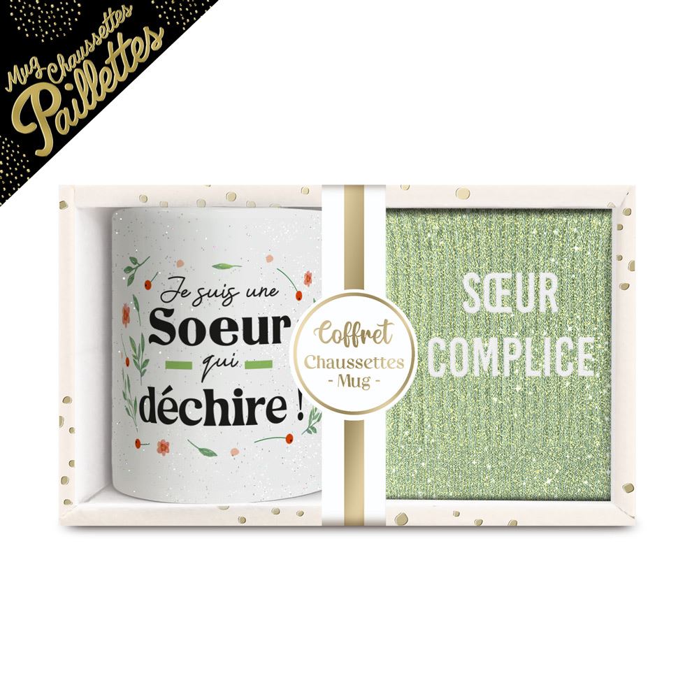 Coffret mug chaussettes paillettes affectif soeur complice