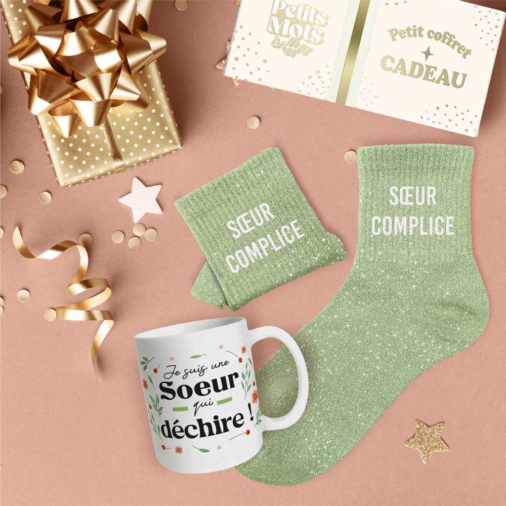Coffret mug chaussettes paillettes affectif soeur complice