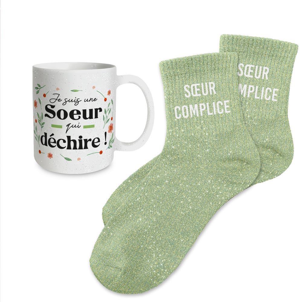 Coffret mug chaussettes paillettes affectif soeur complice