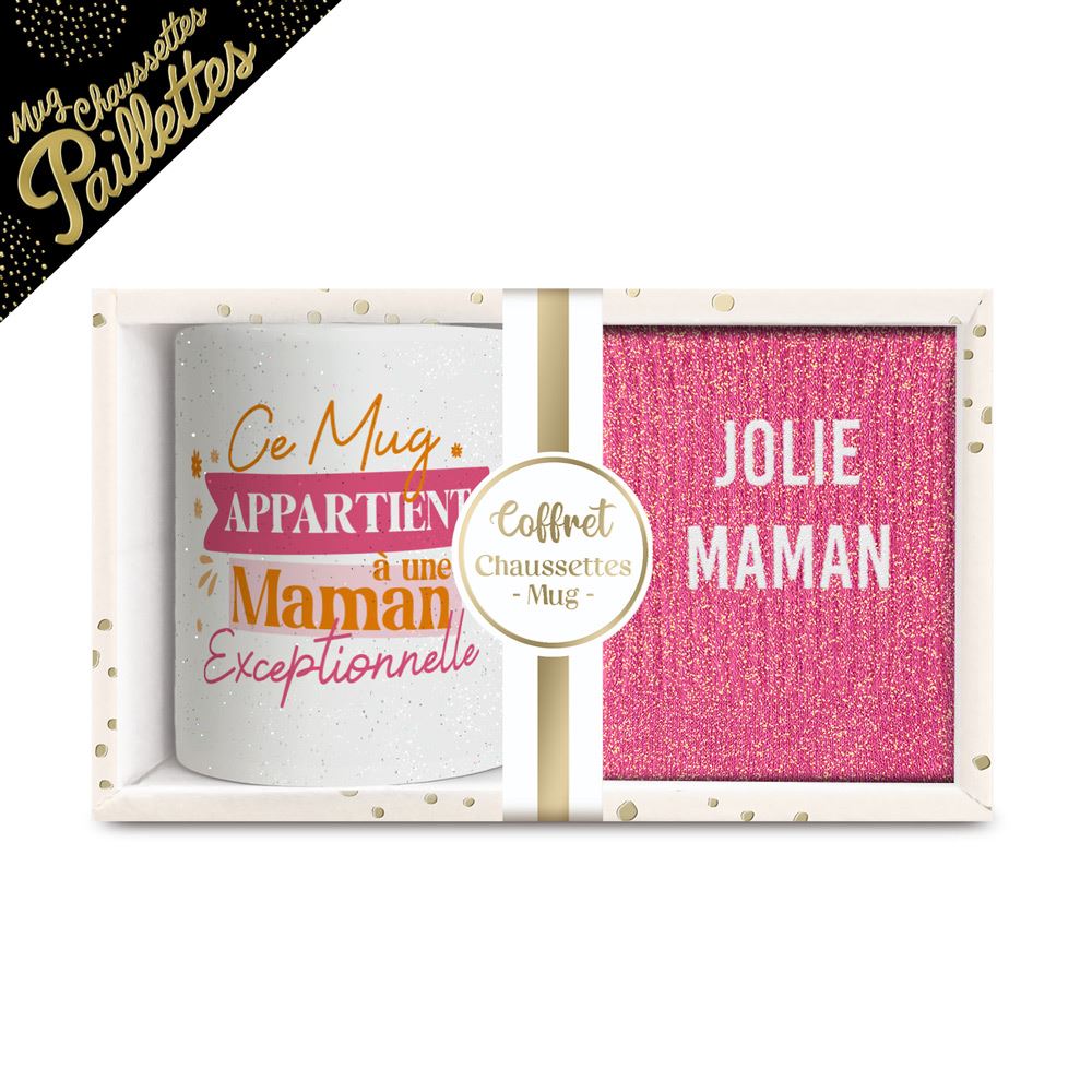 Coffret mug chaussettes paillettes affectif jolie maman