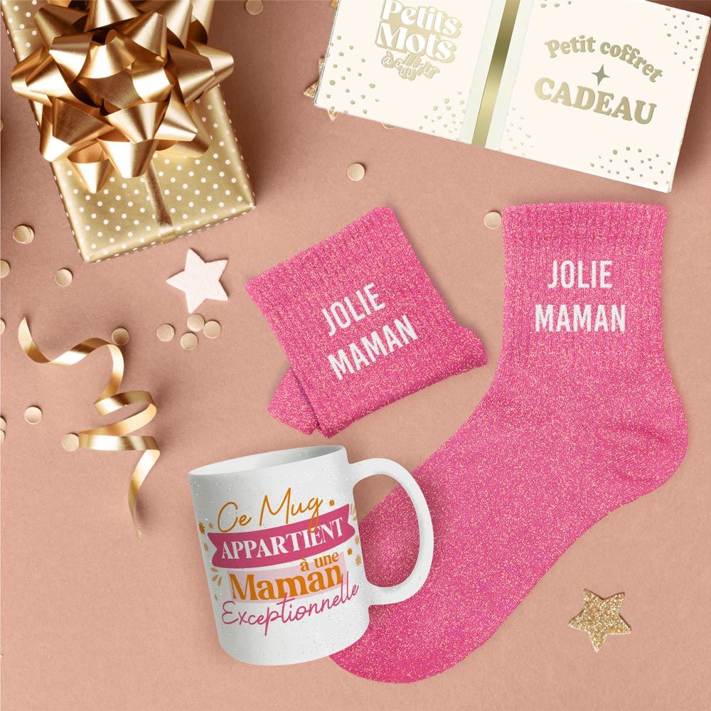 Coffret mug chaussettes paillettes affectif jolie maman