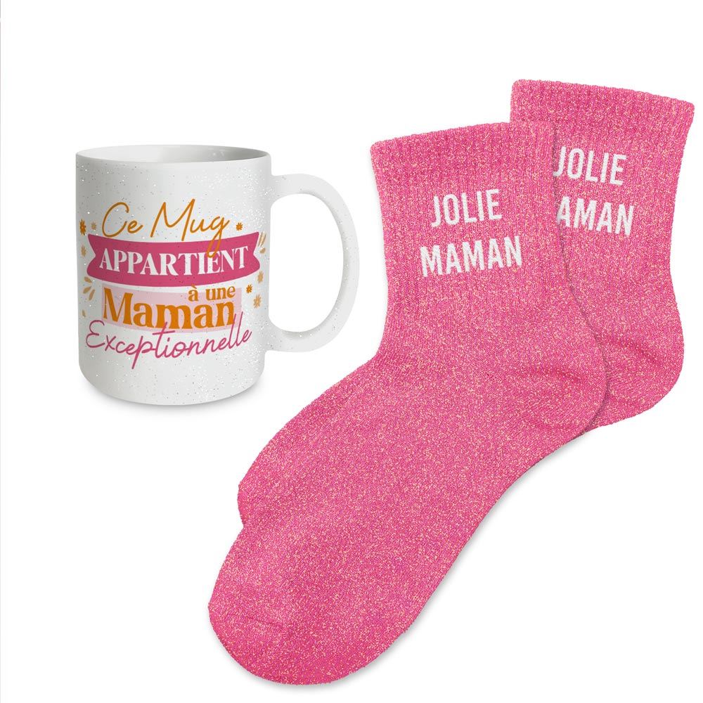 Coffret mug chaussettes paillettes affectif jolie maman
