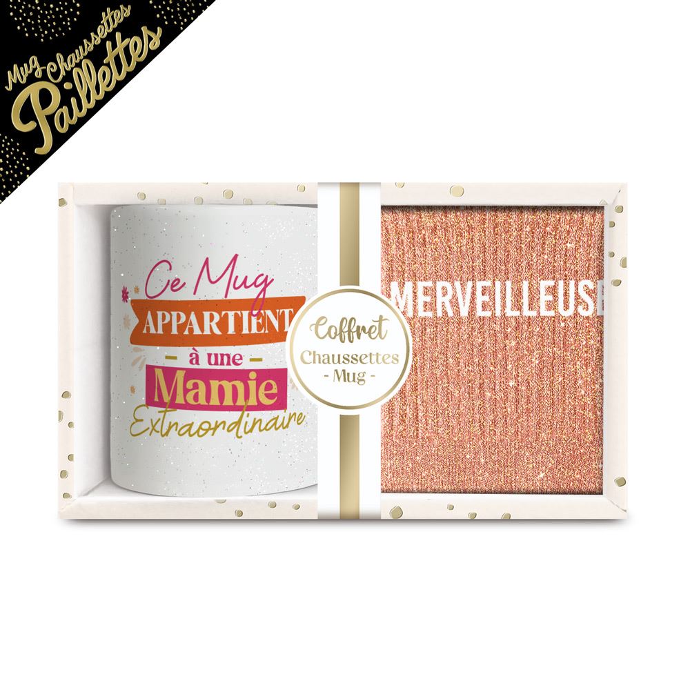 Coffret mug chaussettes paillettes affectif merveilleuse
