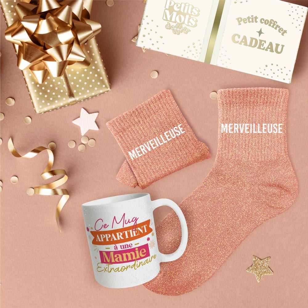 Coffret mug chaussettes paillettes affectif merveilleuse
