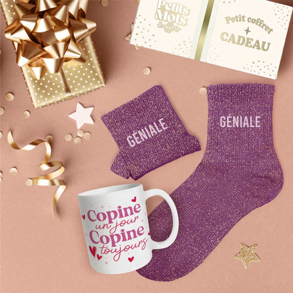 Coffret mug chaussettes paillettes affectif geniale
